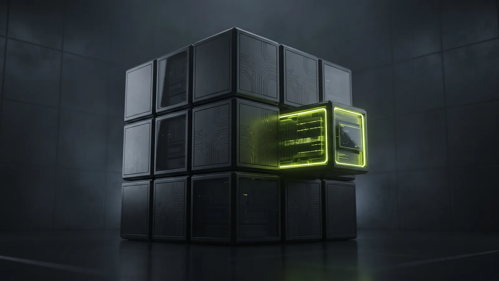 Stack of modular blocks with one chartreuse block pulled out, representing the werun.Toolkit WordPress plugin
