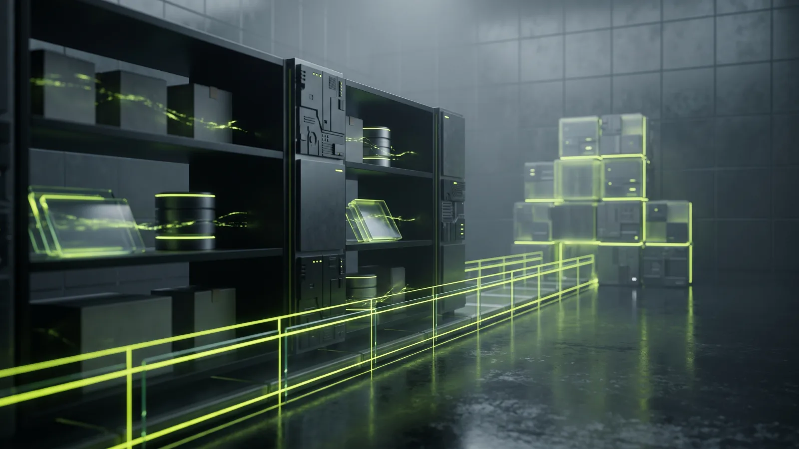 Shelving units carried across a bridge to a new building, picturing a catalog moving between two platforms