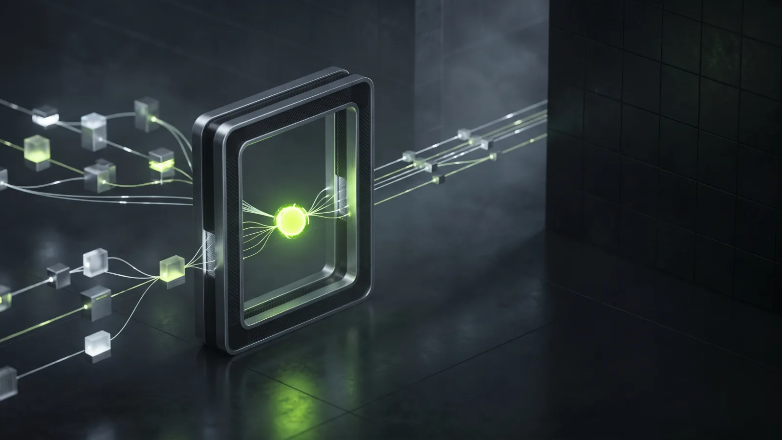 Connected workflow nodes passing through a guarded gate, representing an AI automation agency n8n setup