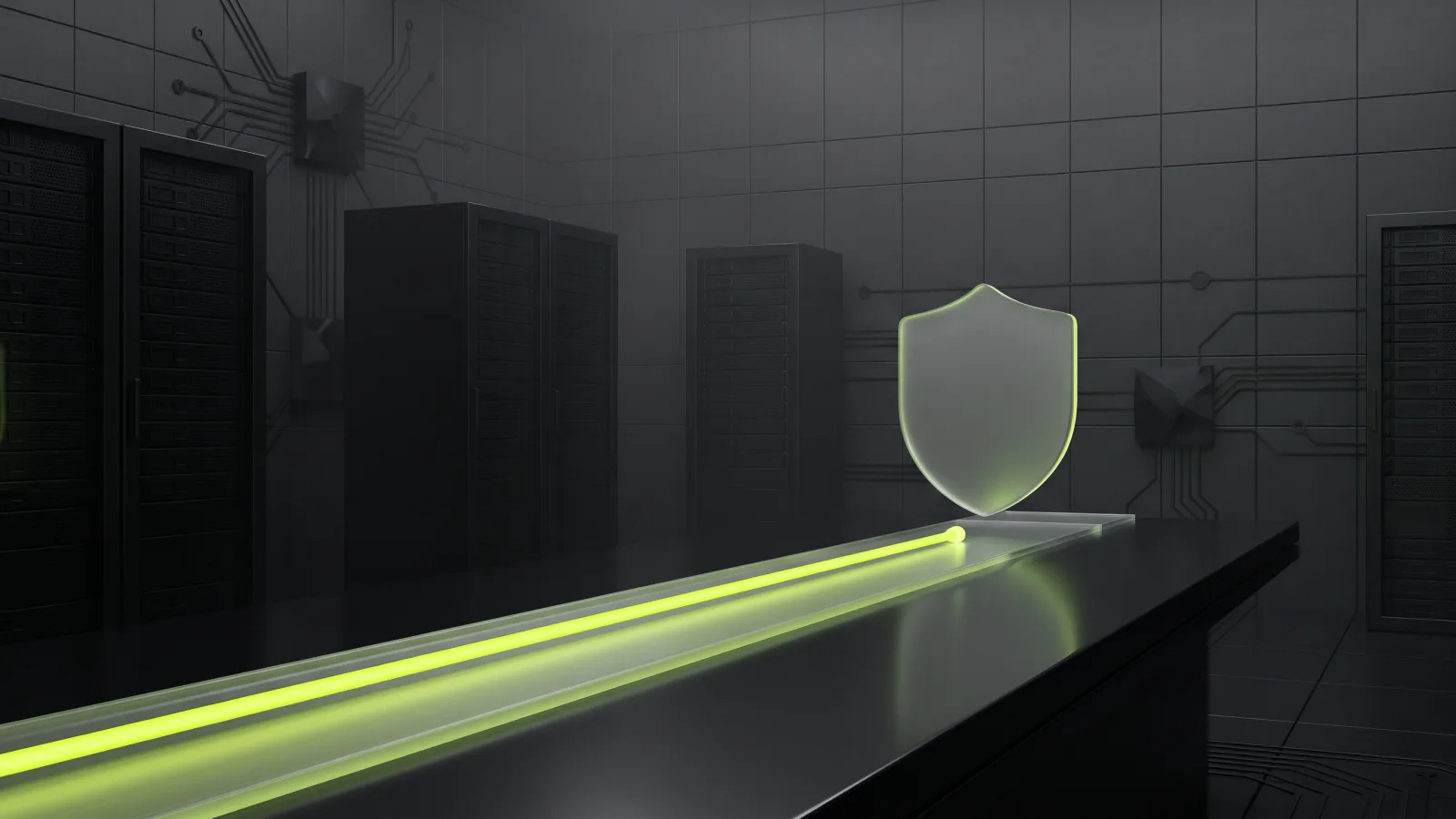 Steady line of light along a track beside a shield silhouette, representing continuous WordPress care and security