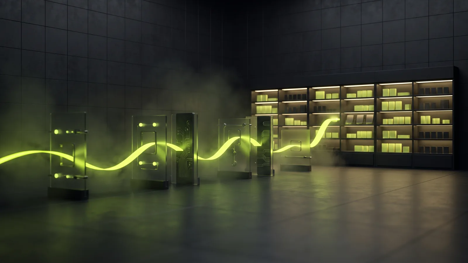 Pipeline abstracto de luz que lleva un registro de producto a una tienda, ilustrando el flujo de datos de PIM ecommerce