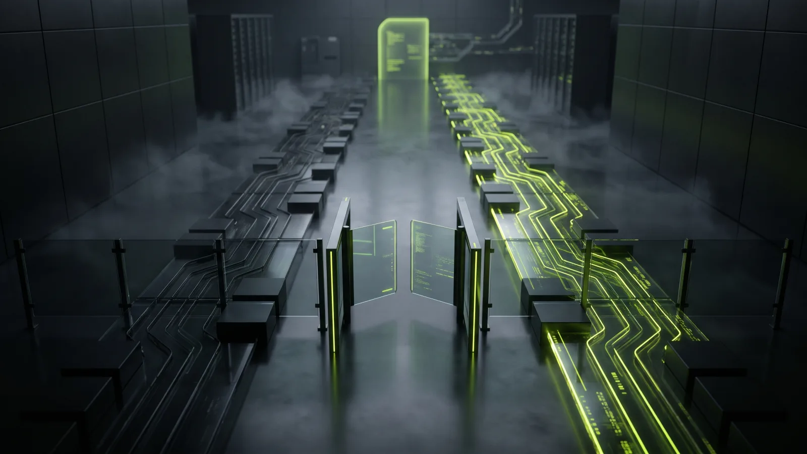 Two parallel tracks, one dim for staging and one lit for production, joined by a checkpoint gate before release