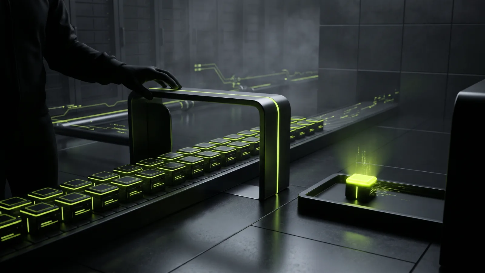 Glowing blocks on a conveyor passing a human-operated gate, with one flagged block set aside for review