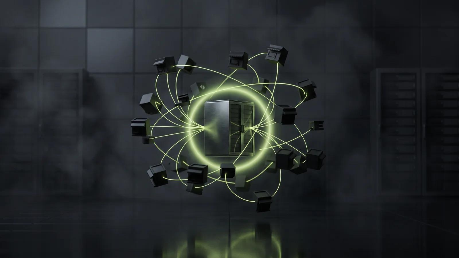 Abstract constellation of small storefronts feeding one central hub, representing a WooCommerce multivendor marketplace