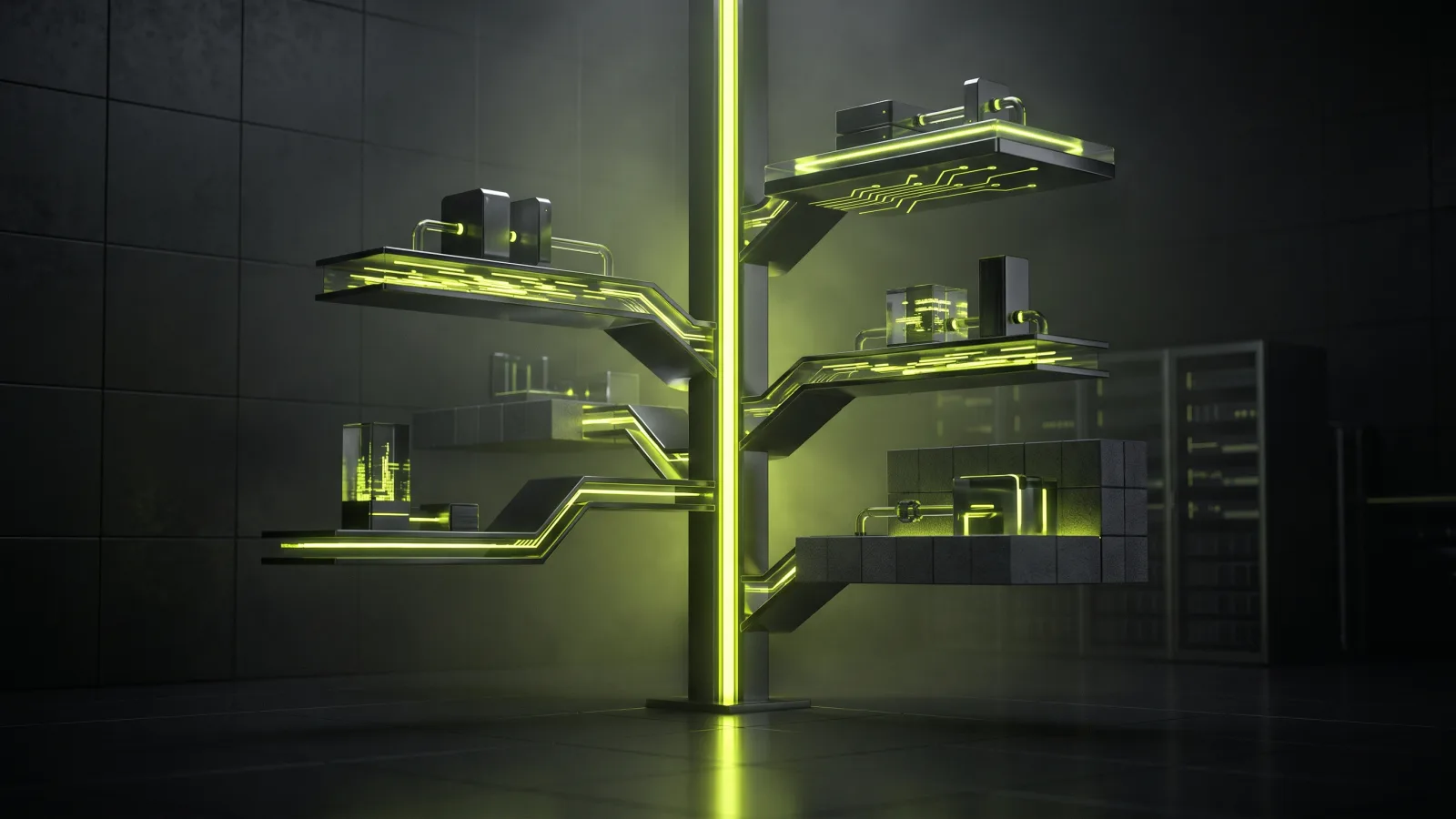 A single spine of light feeding shelves of different shapes, showing one product record serving several channels