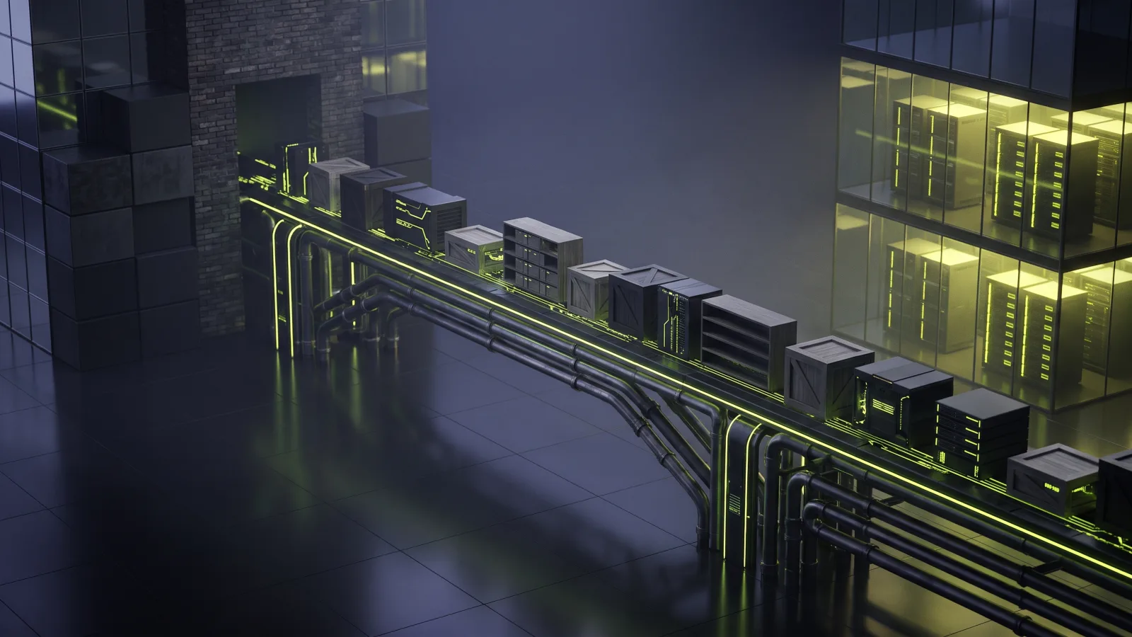 Crates moving across a bridge between two buildings, illustrating how to migrate from WooCommerce to Shopify