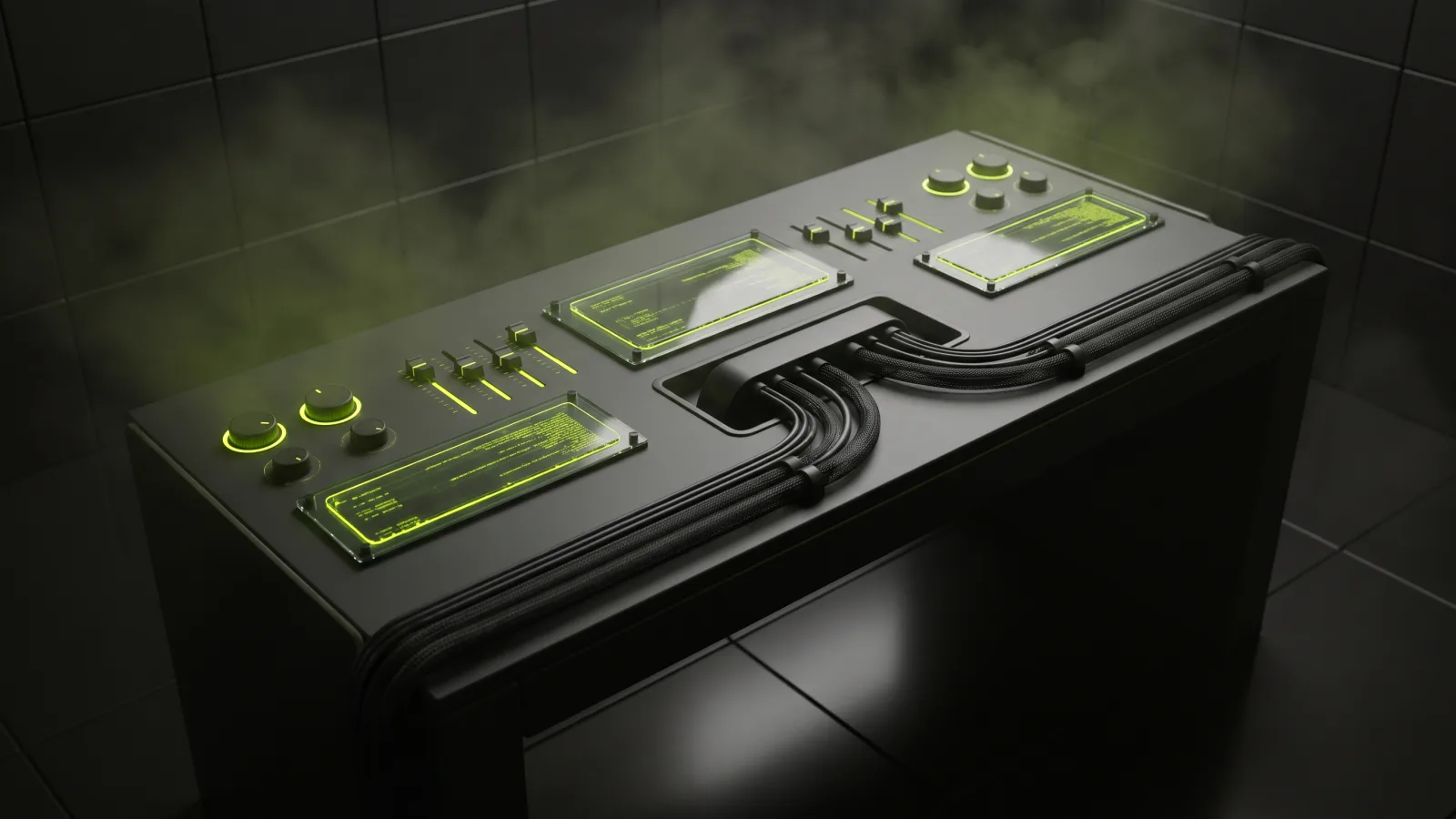 Control desk with glowing panels representing custom internal tools development for a team