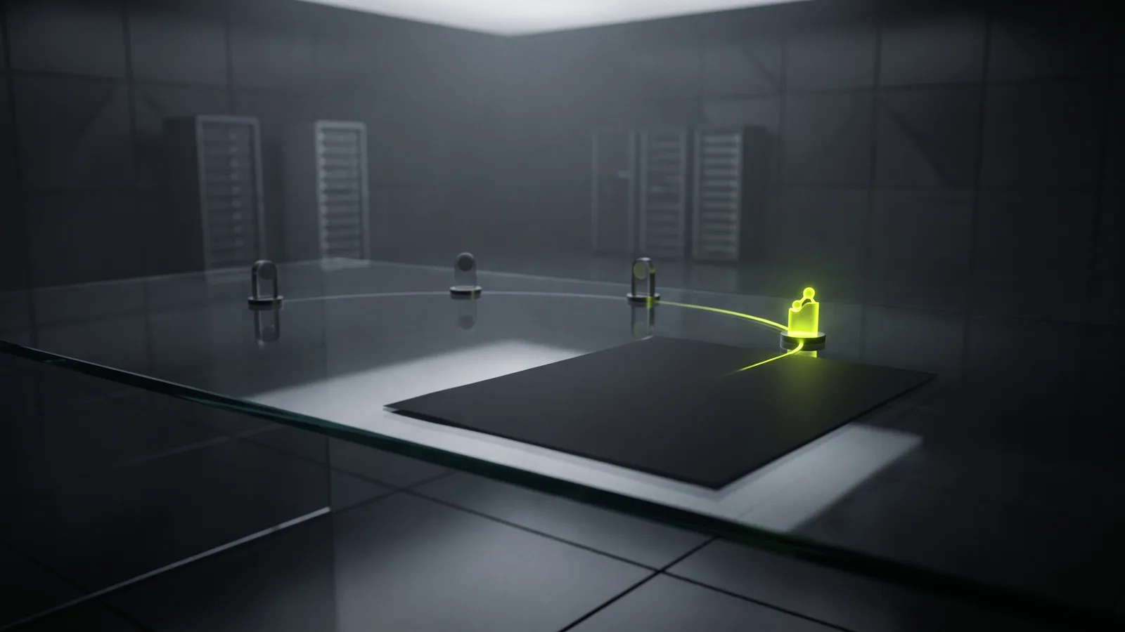 Glass desk with one sheet of paper and evenly spaced lit markers tracing a path, representing project checkpoints