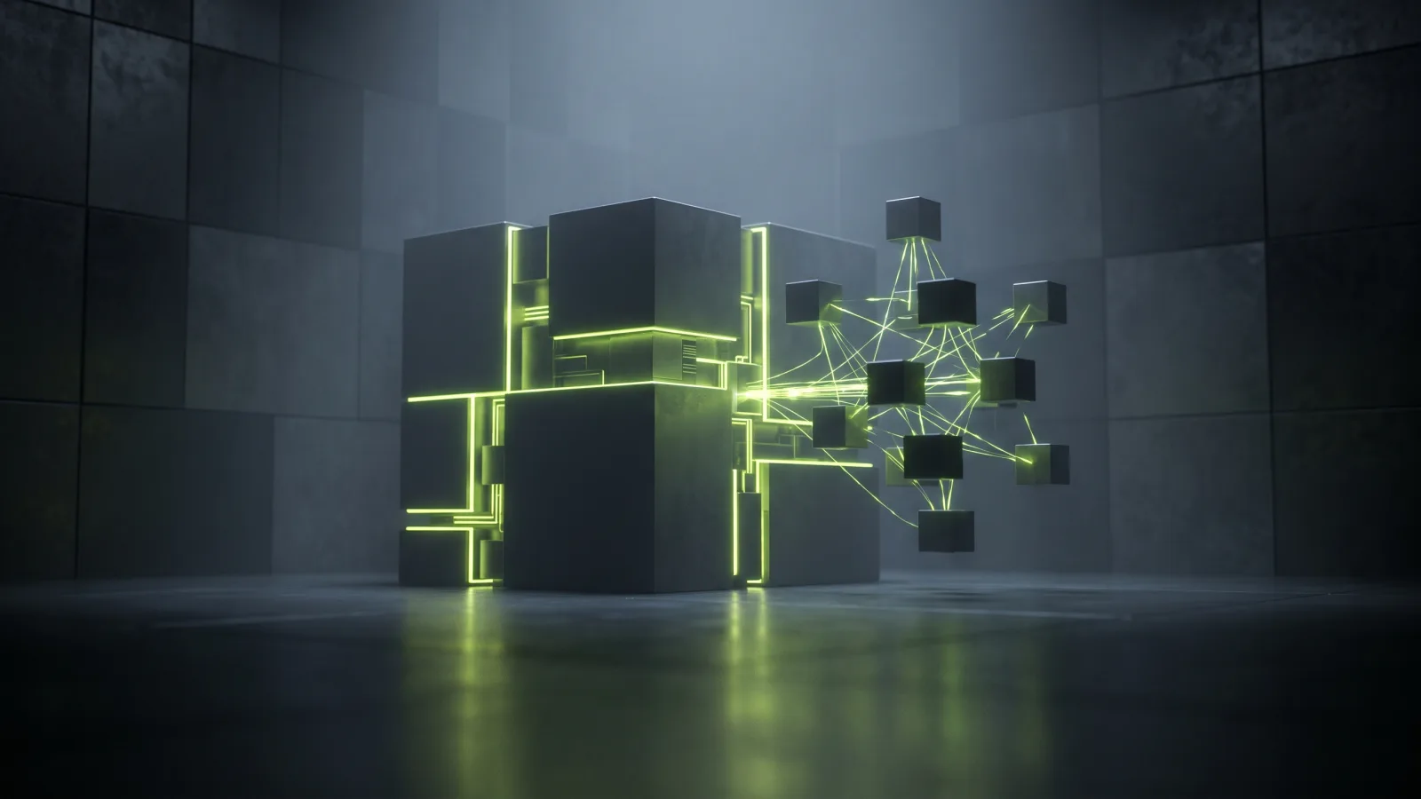 A solid block with lit internal partitions next to scattered linked cubes, contrasting a modular monolith with microservices