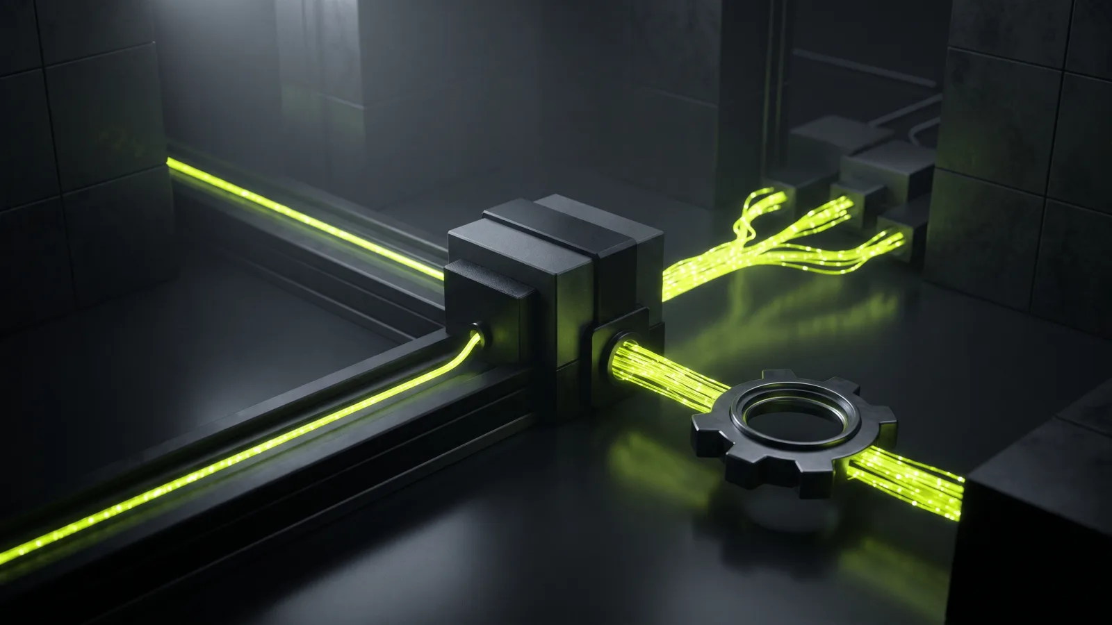 Three differently shaped streams of light particles converging into one hub, a metaphor for three automation platforms