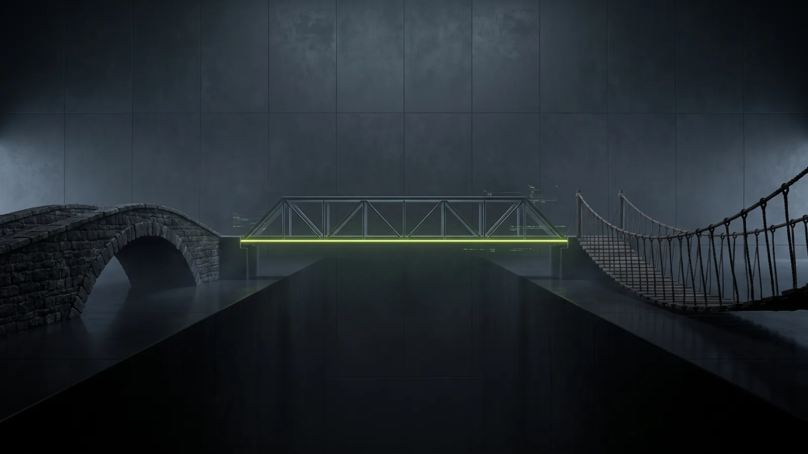 Three bridges of different materials crossing the same gap, representing freelancer, agency and in-house hiring models