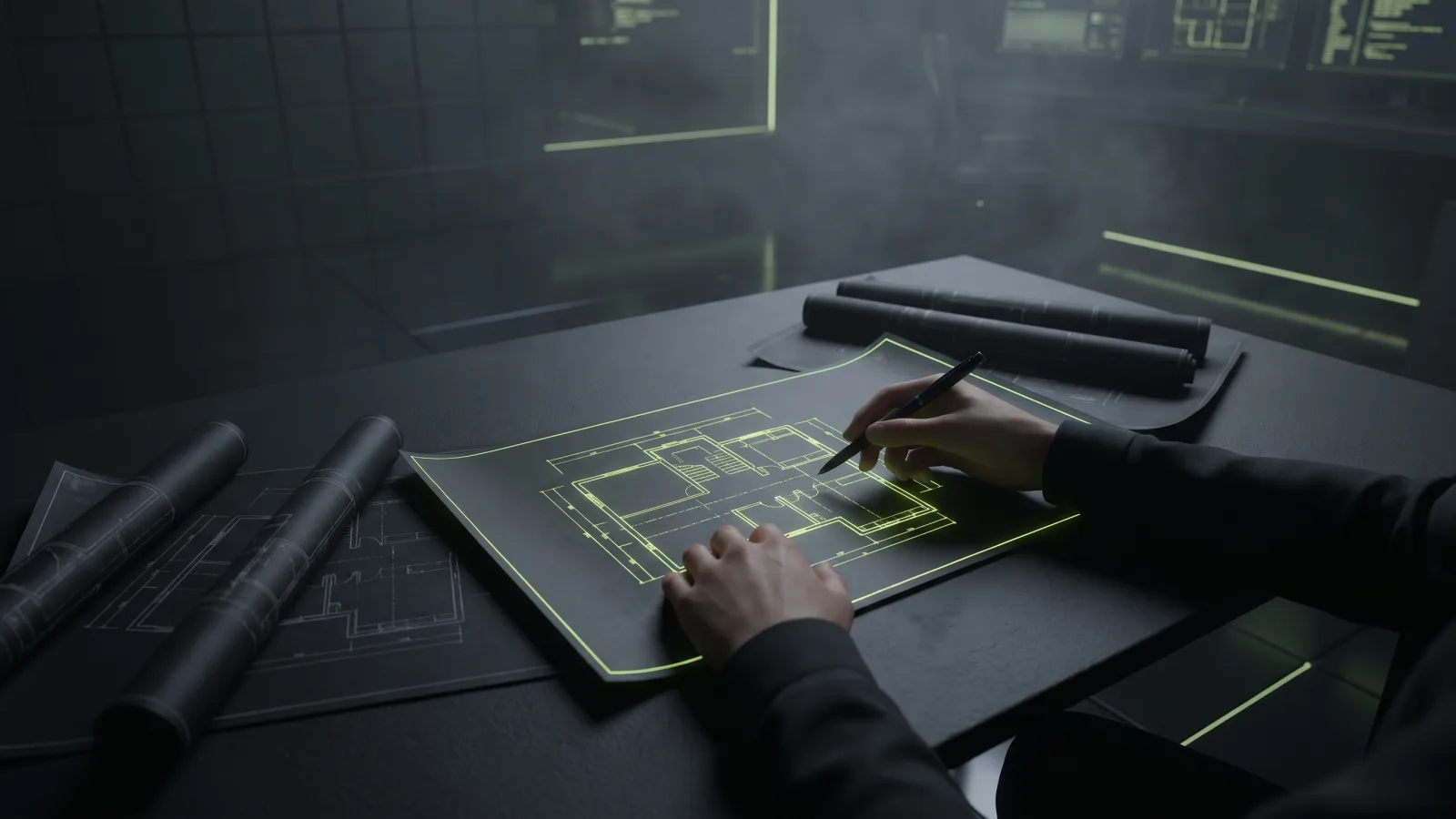 Hands comparing several blueprints on a table, one highlighted, as a founder compares agency proposals