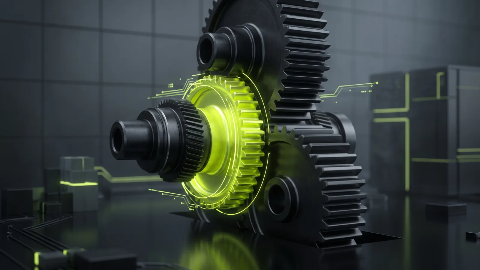 Precision gear assembly with one new chartreuse gear sliding in while the others keep turning, representing plugin updates
