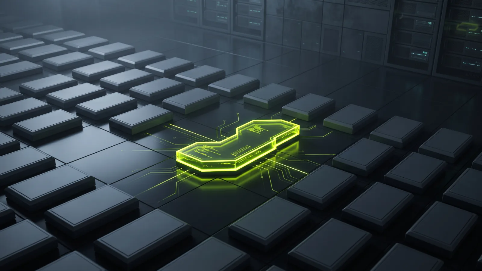 Dark modular pieces with one unique chartreuse piece fitting a gap, showing a plugin built for one business's rules
