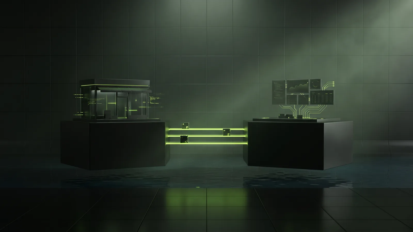 Two islands, a storefront and a dashboard, linked by a few glowing bridges carrying data cubes