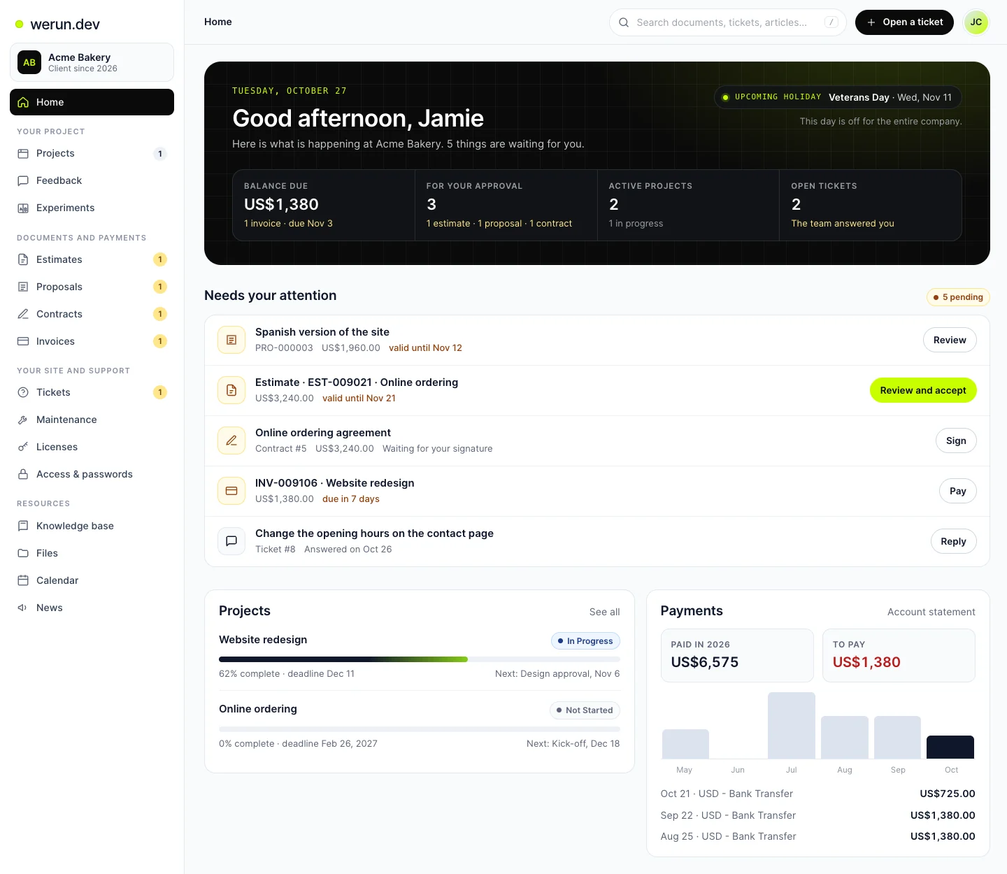 The Client Portal with projects, requests and invoices